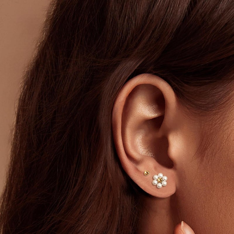 IMBOS Pearl Earrings 14k Gold Plated Daisy Flower Stud Earrings for Women Ball Stud Flat Back Earring Hypoallergenic Statement Earring Trendy Jewelry Gift for Women - Image 2